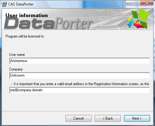 User information dialog box