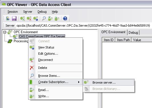 OPC Viewer – creation of subscription